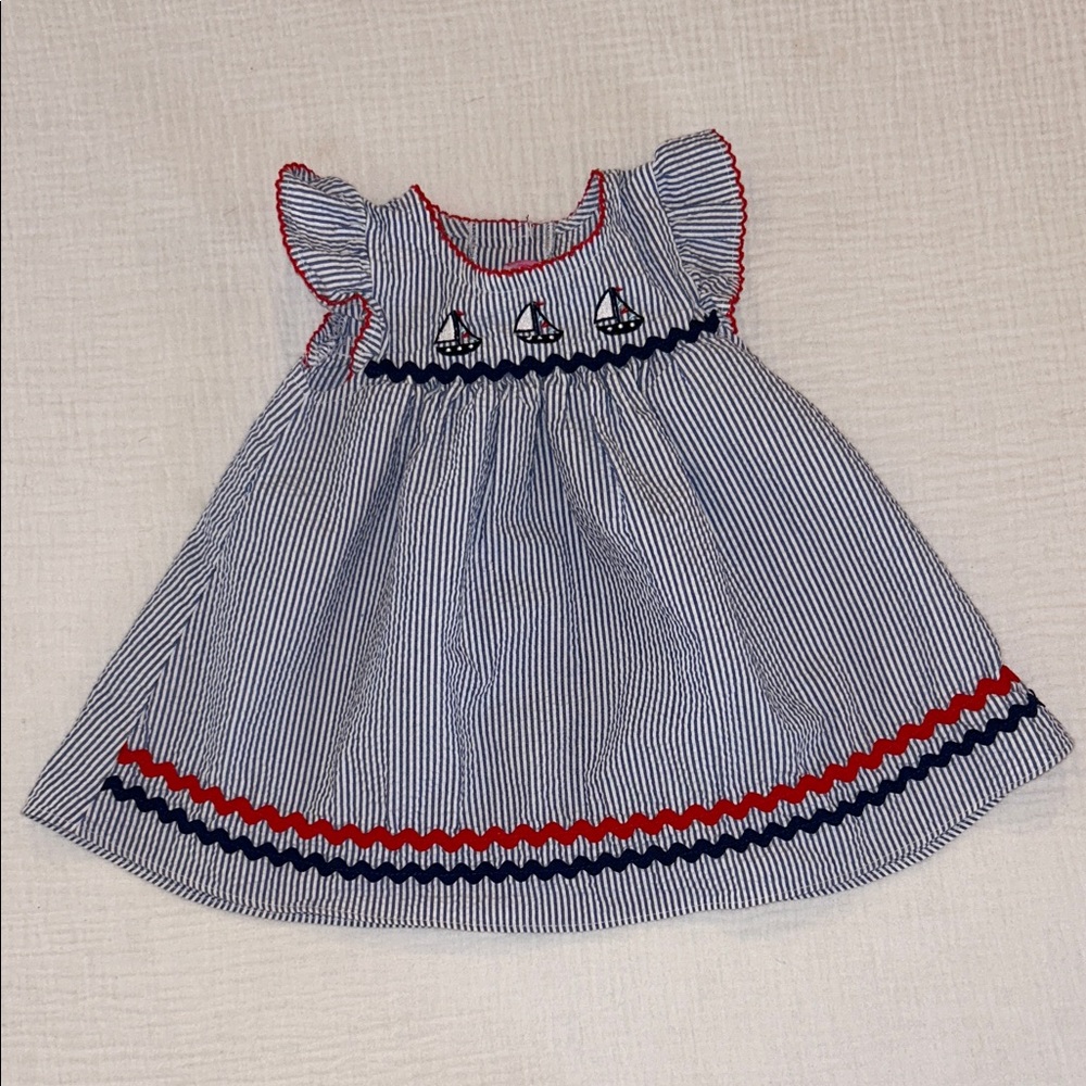 Goodlad Girls Seersucker Dress Blue Red 18 M Sailboats Beach Portrait Resort
